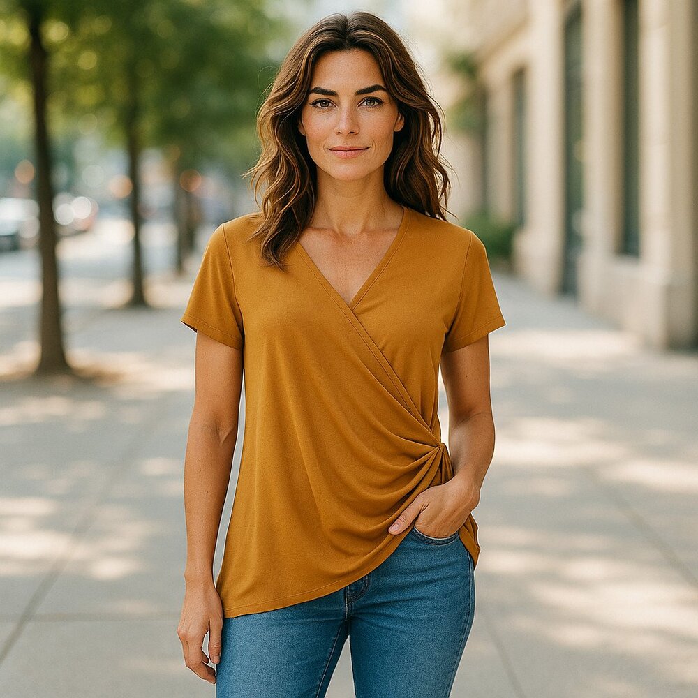 TAHARI SZ XL Faux Wrap Womens Top Camel Brown Short Sleeve V-neck Stretch Blouse